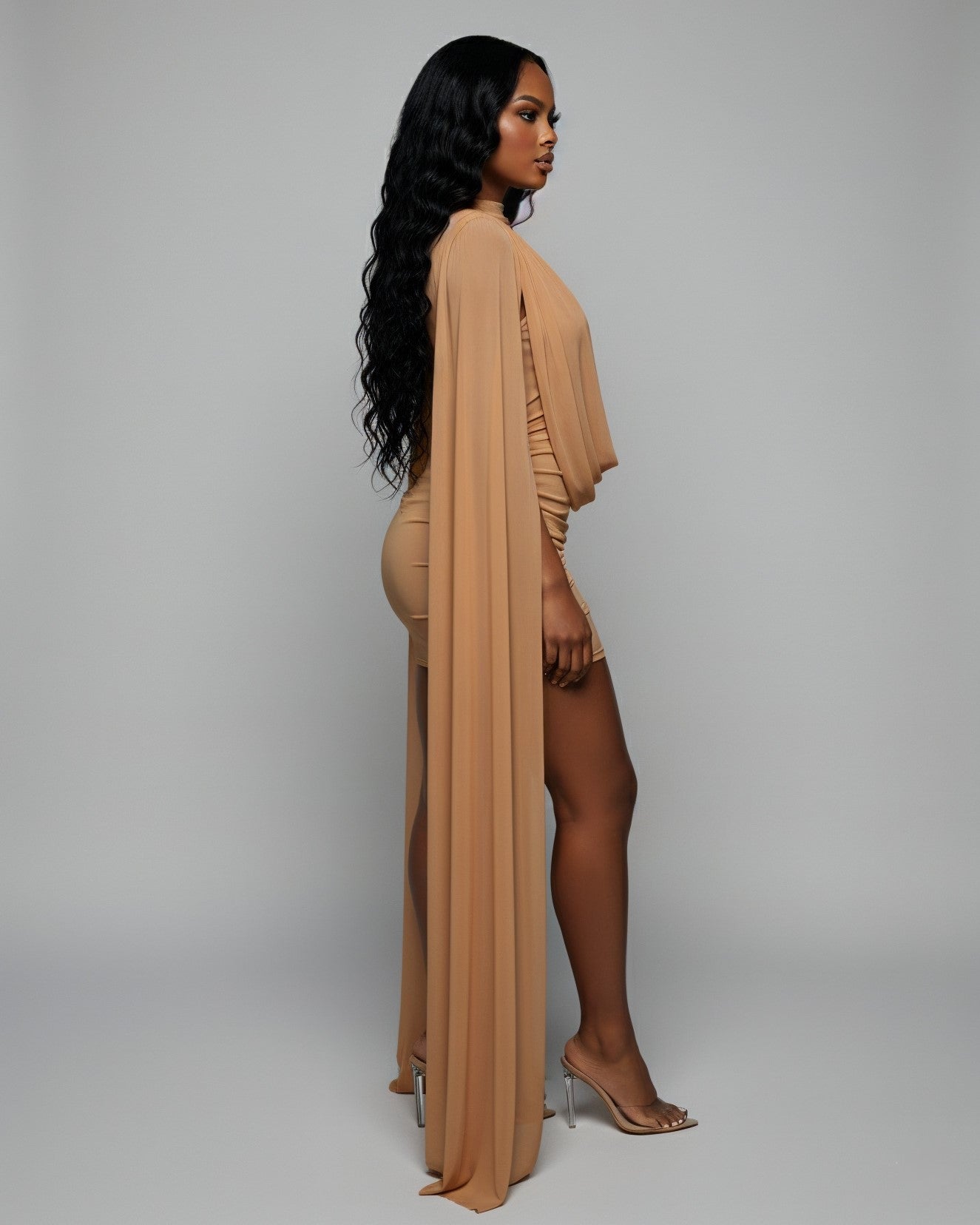 WAYONA High-Neck Mesh Draped Mini Dress