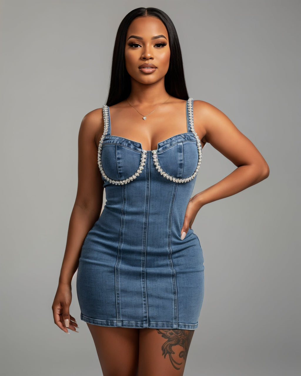 COSETTE Embellished Trim Denim Bodycon Mini Dress