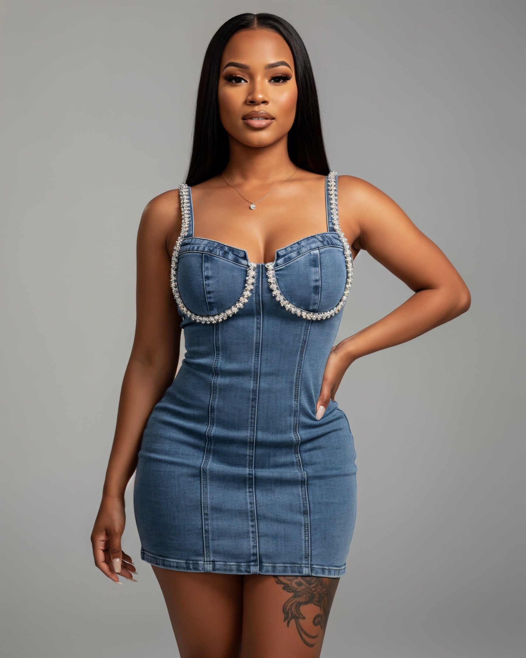 COSETTE Embellished Trim Denim Bodycon Mini Dress