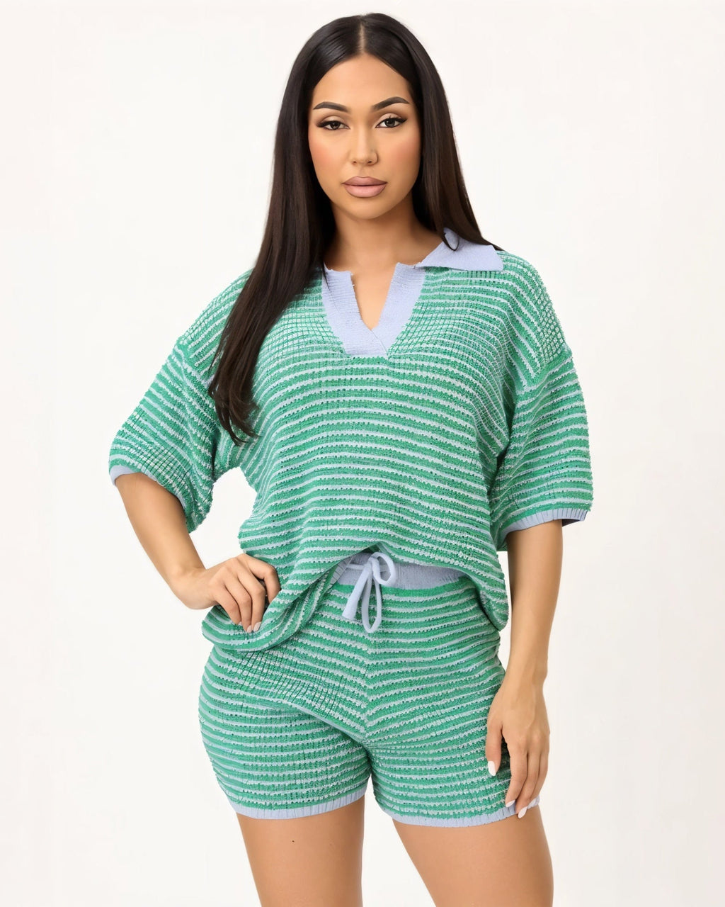 OLENNA Striped Knit Oversized Top & Drawstring Short Set